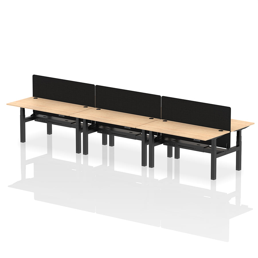 Air Back-to-Back Height Adjustable Bench Desk - 6 Person with Black Straight Screen W1600 maple top with black frame
