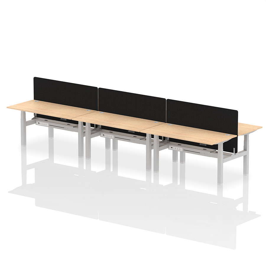 Air Back-to-Back Height Adjustable Bench Desk - 6 Person with Black Straight Screen W1600 maple top with silver frame