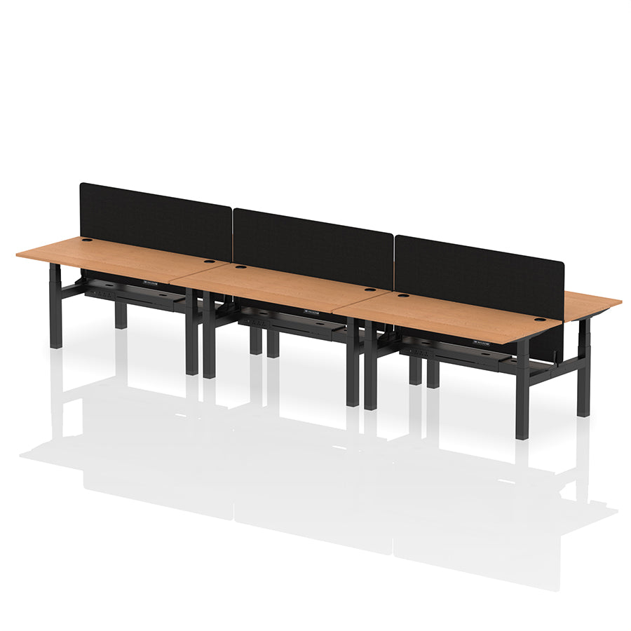 Air Back-to-Back Height Adjustable Bench Desk - 6 Person with Black Straight Screen W1600 oak top with black frame