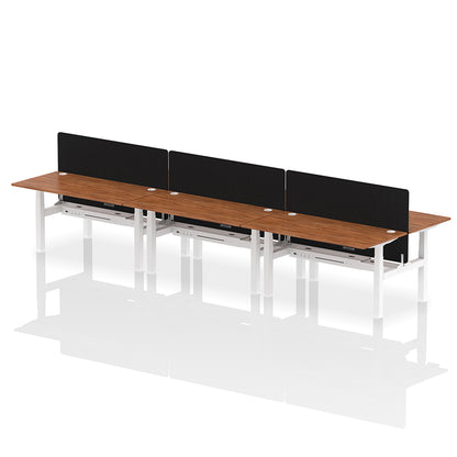 Air Back-to-Back Height Adjustable Bench Desk - 6 Person with Black Straight Screen W1600 walnut top with white frame