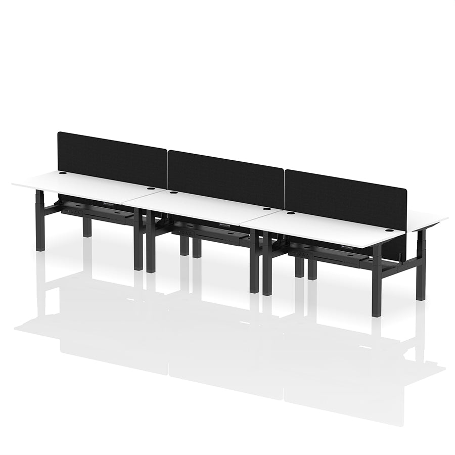 Air Back-to-Back Height Adjustable Bench Desk - 6 Person with Black Straight Screen W1600 white top with black frame