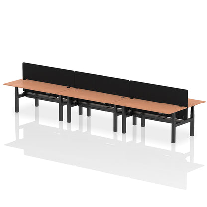 Air Back-to-Back Height Adjustable Bench Desk - 6 Person with Black Straight Screen W1800 beech top with black frame