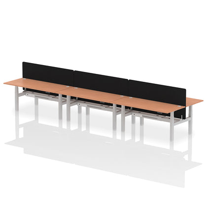 Air Back-to-Back Height Adjustable Bench Desk - 6 Person with Black Straight Screen W1800 beech top with silver frame