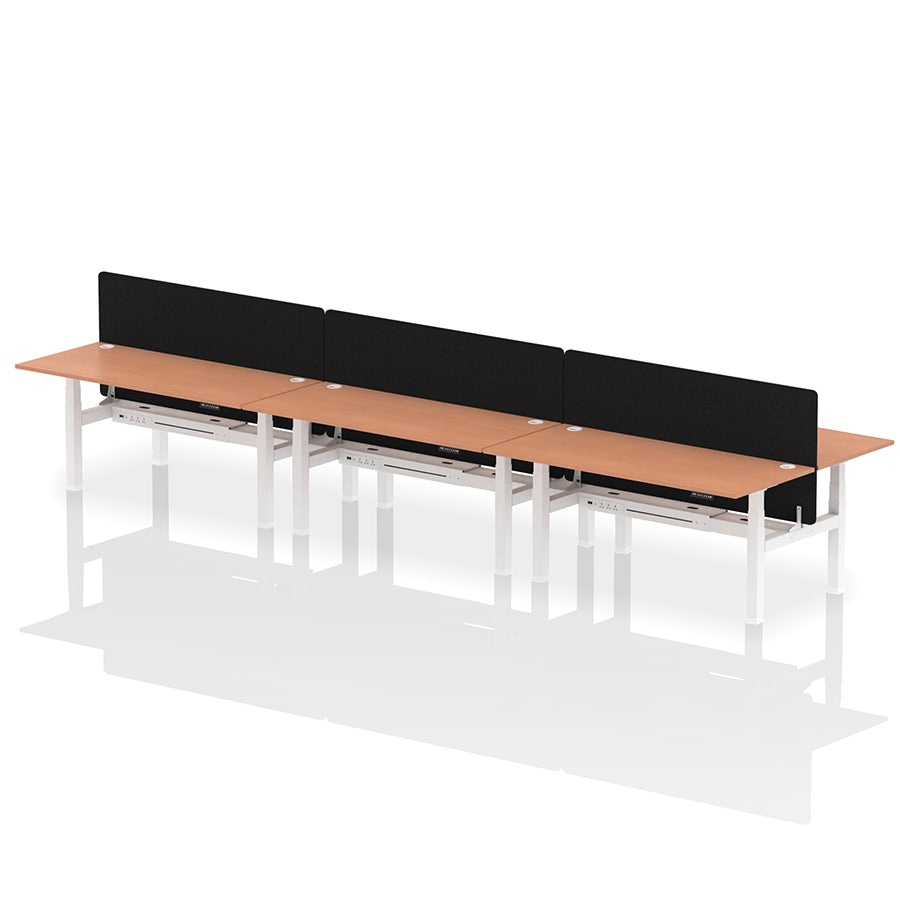Air Back-to-Back Height Adjustable Bench Desk - 6 Person with Black Straight Screen W1800 beech top with white frame
