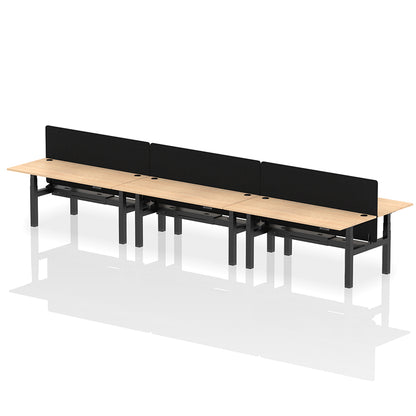 Air Back-to-Back Height Adjustable Bench Desk - 6 Person with Black Straight Screen W1800 maple top with black frame
