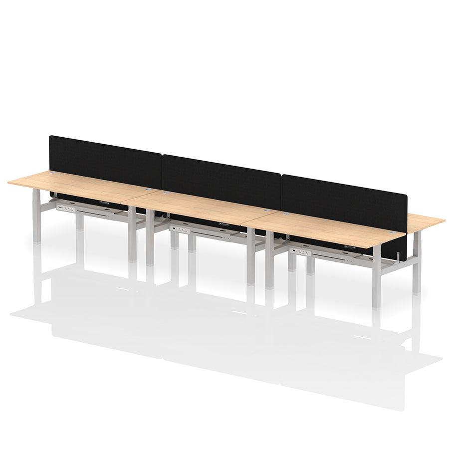 Air Back-to-Back Height Adjustable Bench Desk - 6 Person with Black Straight Screen W1800 maple top with silver frame