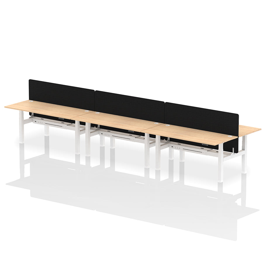 Air Back-to-Back Height Adjustable Bench Desk - 6 Person with Black Straight Screen W1800 maple top with white frame