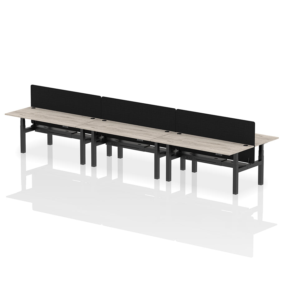 Air Back-to-Back Height Adjustable Bench Desk - 6 Person with Black Straight Screen W1800 oak grey top with black frame
