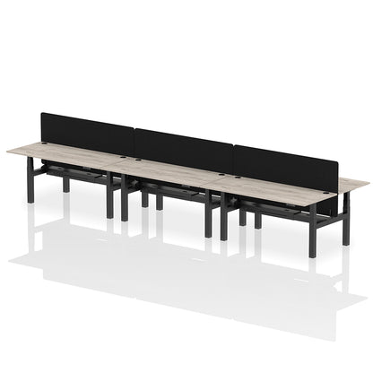 Air Back-to-Back Height Adjustable Bench Desk - 6 Person with Black Straight Screen W1800 oak grey top with black frame