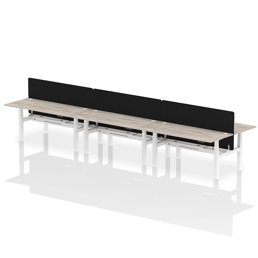 Air Back-to-Back Height Adjustable Bench Desk - 6 Person with Black Straight Screen W1800 oak grey top with white frame