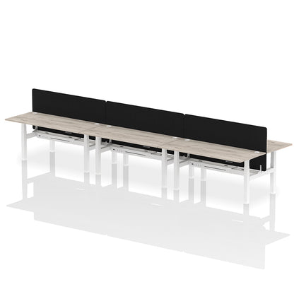 Air Back-to-Back Height Adjustable Bench Desk - 6 Person with Black Straight Screen W1800 oak grey top with white frame