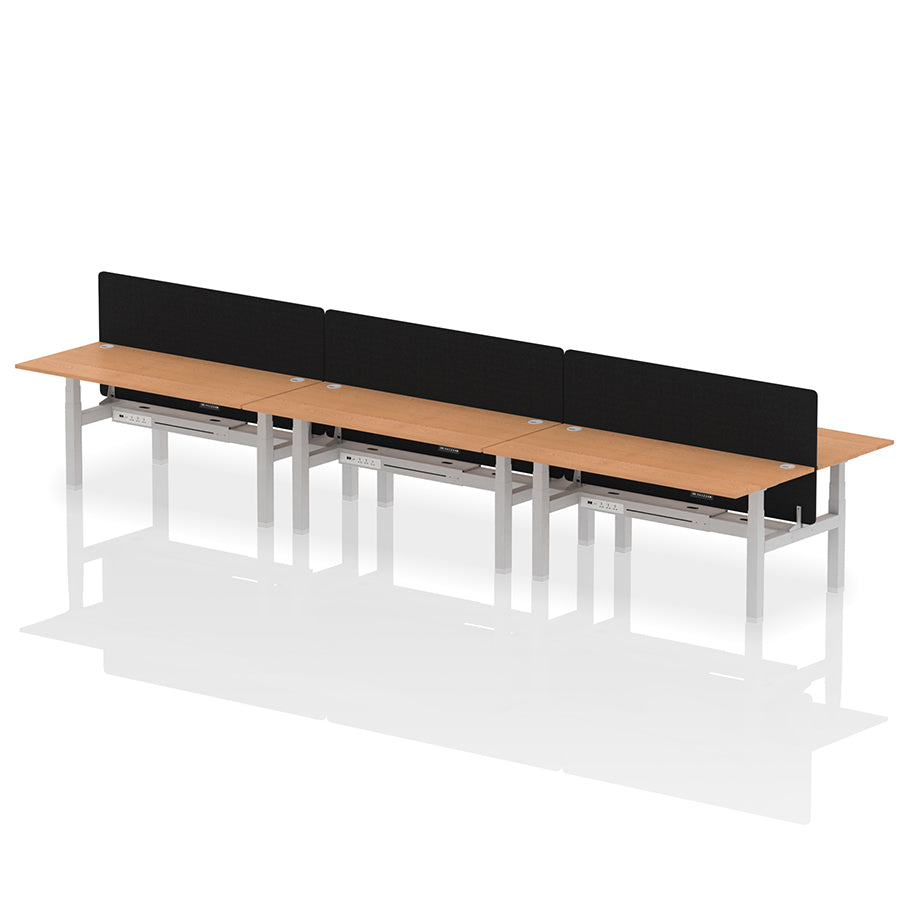 Air Back-to-Back Height Adjustable Bench Desk - 6 Person with Black Straight Screen W1800 oak top with silver frame