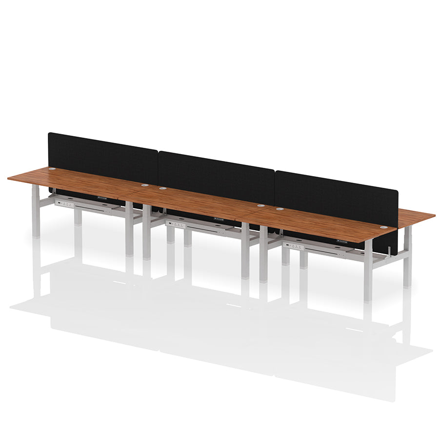 Air Back-to-Back Height Adjustable Bench Desk - 6 Person with Black Straight Screen W1800 walnut top with silver frame