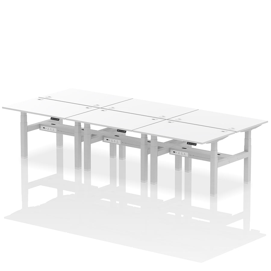 Air Back-to-Back Height Adjustable Bench Desk - 6 Person with cable ports W1200 white top with silver frame