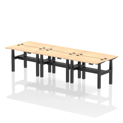 Air Back-to-Back Height Adjustable Bench Desk - 6 Person with cable ports W1200mm maple top with black frame