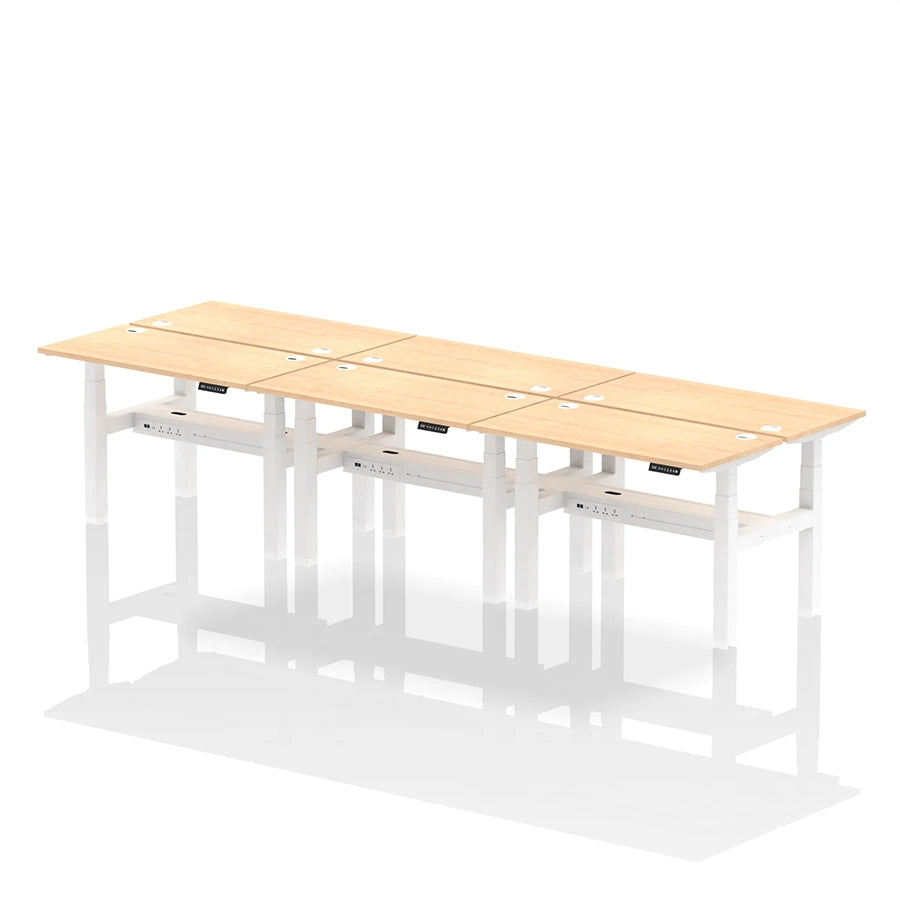 Air Back-to-Back Height Adjustable Bench Desk - 6 Person with cable ports W1200mm maple top with white frame