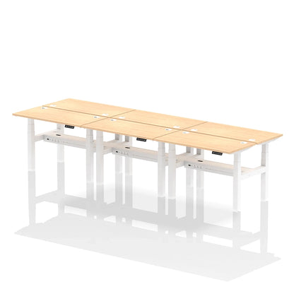 Air Back-to-Back Height Adjustable Bench Desk - 6 Person with cable ports W1200mm maple top with white frame
