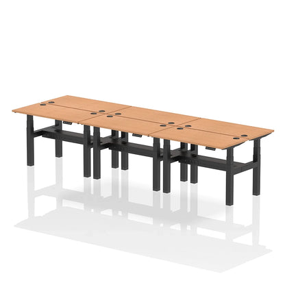 Air Back-to-Back Height Adjustable Bench Desk - 6 Person with cable ports W1200mm oak top with black frame