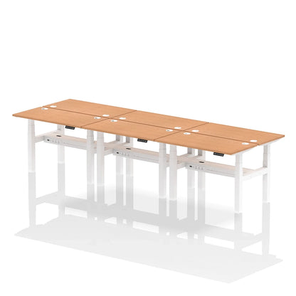 Air Back-to-Back Height Adjustable Bench Desk - 6 Person with cable ports W1200mm oak top with white frame