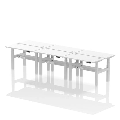 Air Back-to-Back Height Adjustable Bench Desk - 6 Person with cable ports W1200mm white top with silver frame