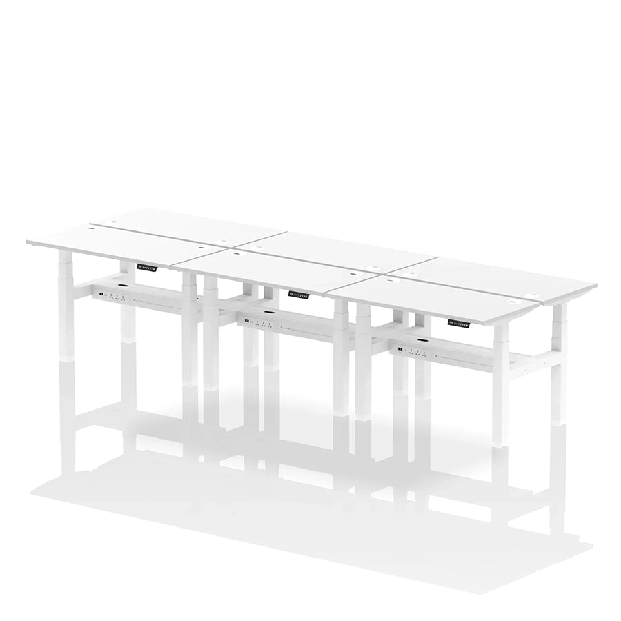Air Back-to-Back Height Adjustable Bench Desk - 6 Person with cable ports W1200mm white top with white frame