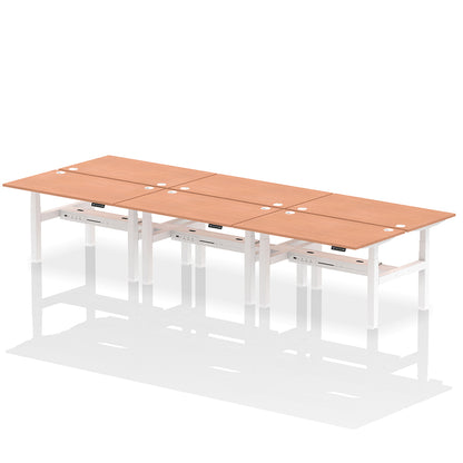 Air Back-to-Back Height Adjustable Bench Desk - 6 Person with cable ports W1400 beech top with white frame