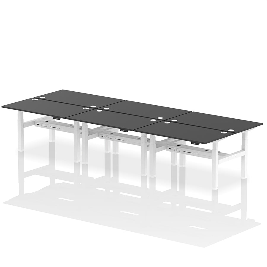Air Back-to-Back Height Adjustable Bench Desk - 6 Person with cable ports W1400 black top with white frame