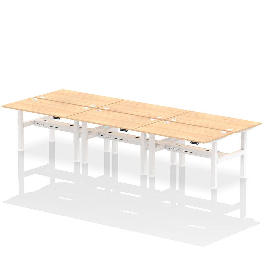 Air Back-to-Back Height Adjustable Bench Desk - 6 Person with cable ports W1400 maple top with white frame