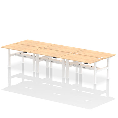 Air Back-to-Back Height Adjustable Bench Desk - 6 Person with cable ports W1400 maple top with white frame
