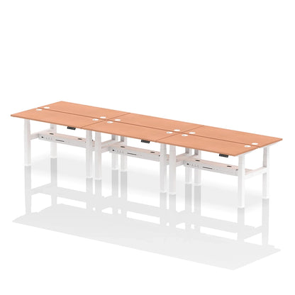 Air Back-to-Back Height Adjustable Bench Desk - 6 Person with cable ports W1400mm beech top with white frame