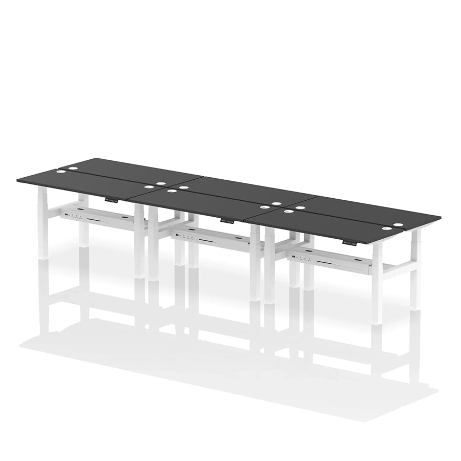 Air Back-to-Back Height Adjustable Bench Desk - 6 Person with cable ports W1400mm black top with white frame