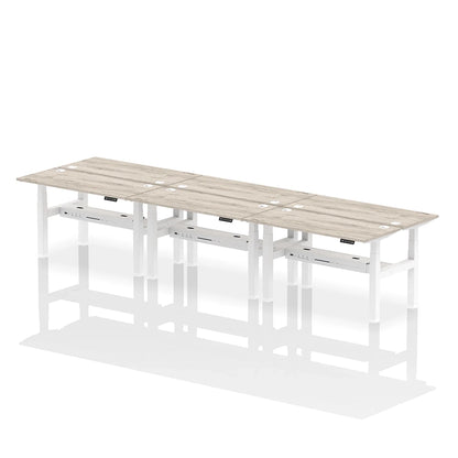 Air Back-to-Back Height Adjustable Bench Desk - 6 Person with cable ports W1400mm grey oak top with white frame
