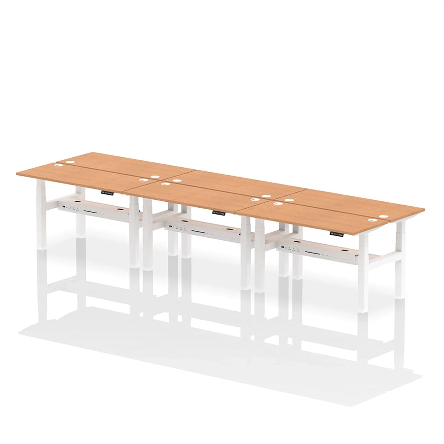 Air Back-to-Back Height Adjustable Bench Desk - 6 Person with cable ports W1400mm oak top with white frame