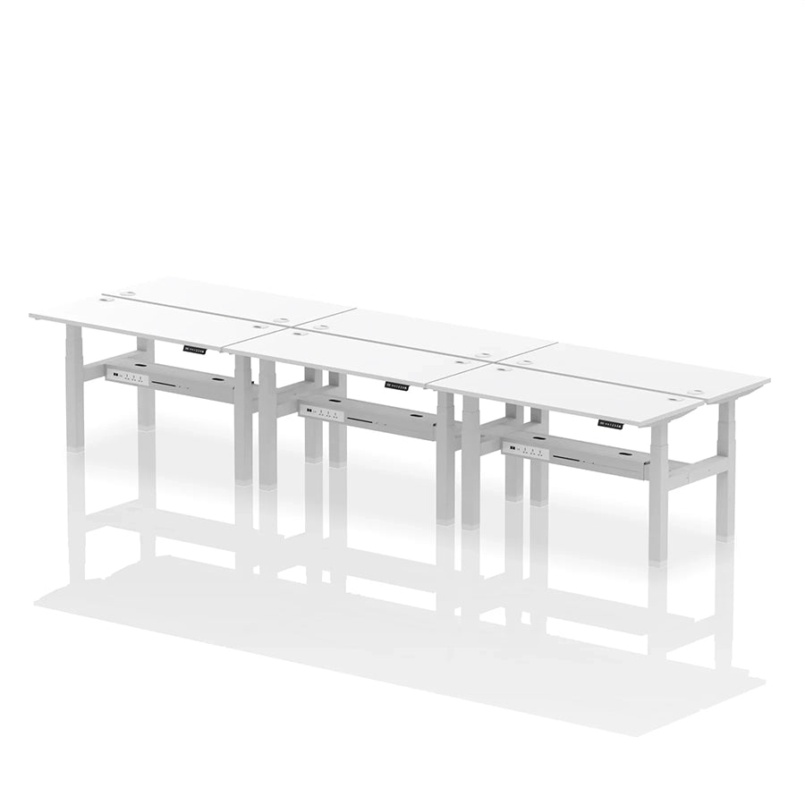 Air Back-to-Back Height Adjustable Bench Desk - 6 Person with cable ports W1400mm white top with silver frame