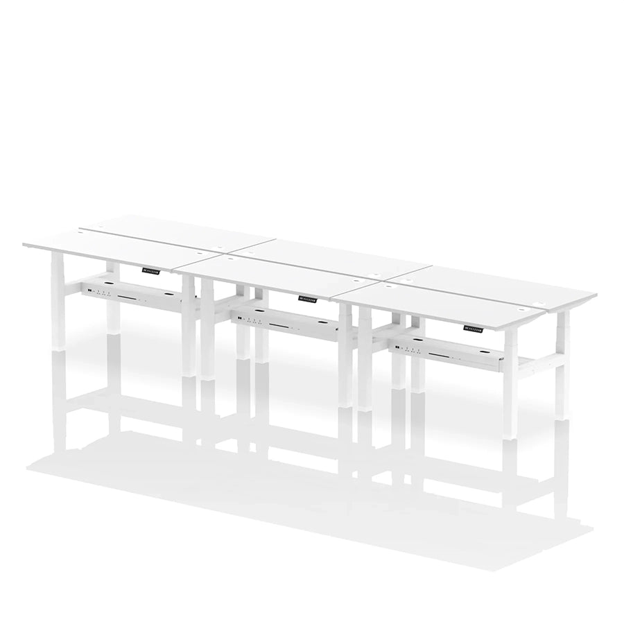 Air Back-to-Back Height Adjustable Bench Desk - 6 Person with cable ports W1400mm white top with white frame