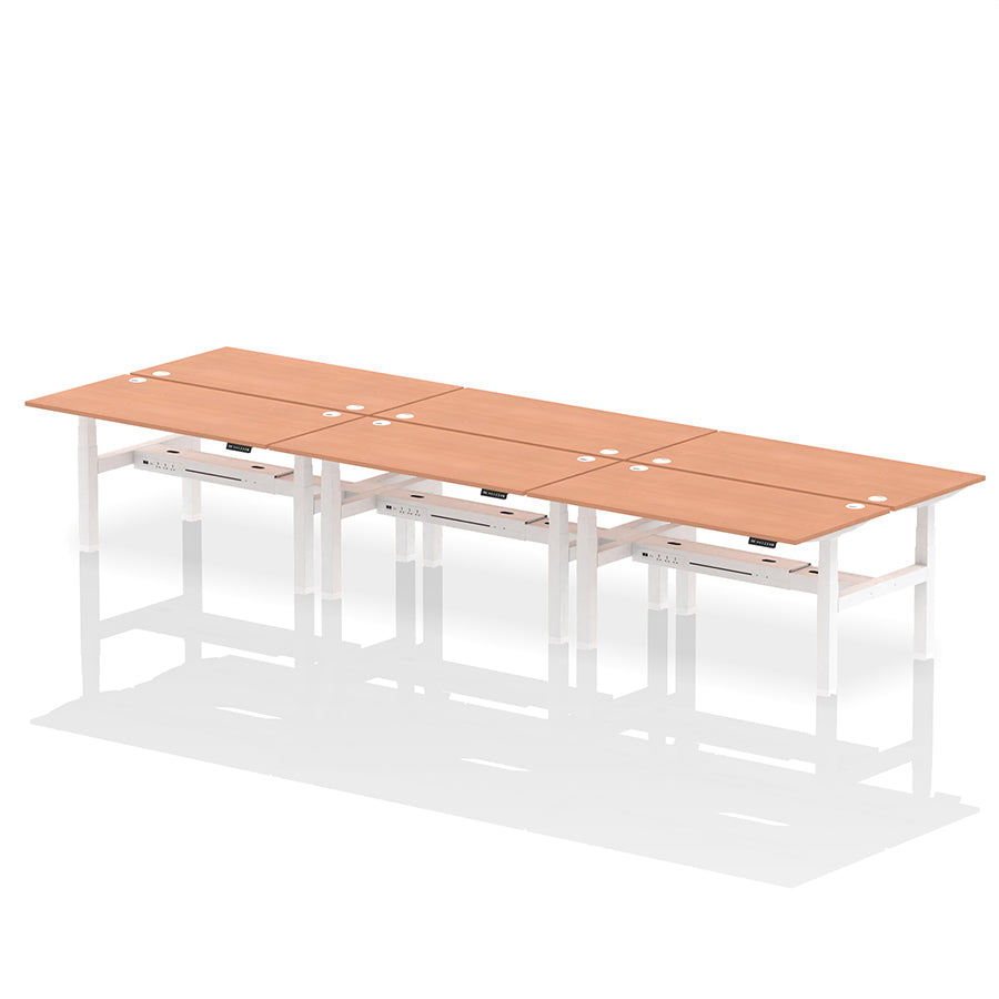 Air Back-to-Back Height Adjustable Bench Desk - 6 Person with cable ports W1600 beech top with white frame