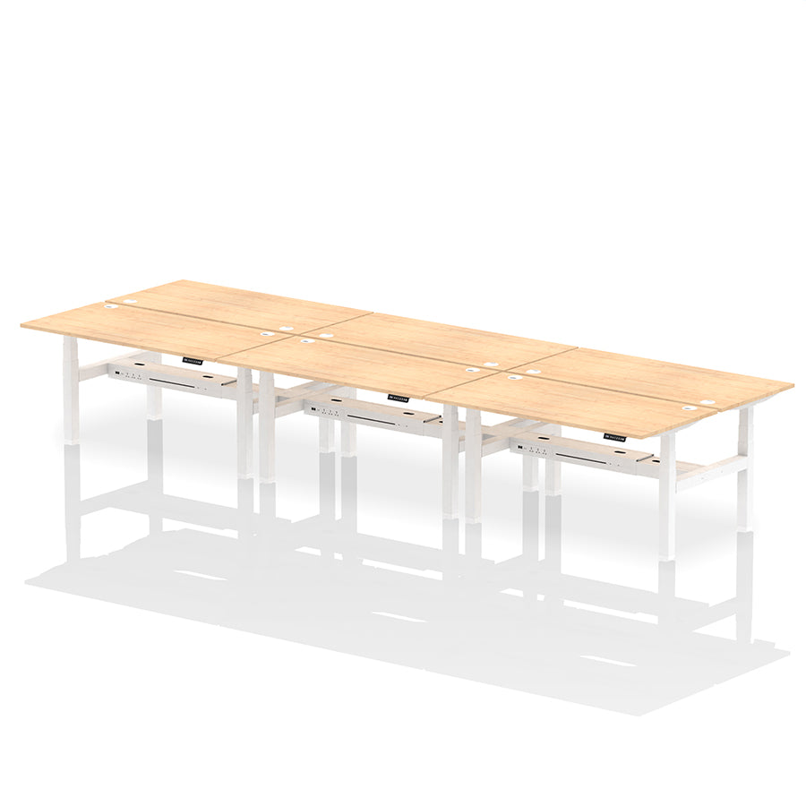 Air Back-to-Back Height Adjustable Bench Desk - 6 Person with cable ports W1600 maple top with white frame