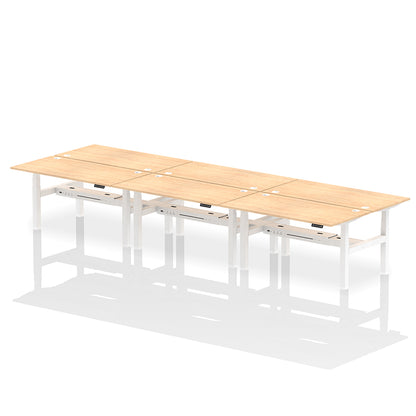 Air Back-to-Back Height Adjustable Bench Desk - 6 Person with cable ports W1600 maple top with white frame