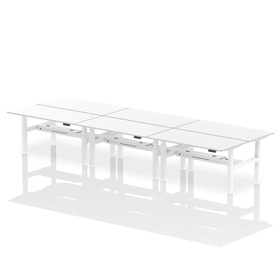 Air Back-to-Back Height Adjustable Bench Desk - 6 Person with cable ports W1600 white top with white frame