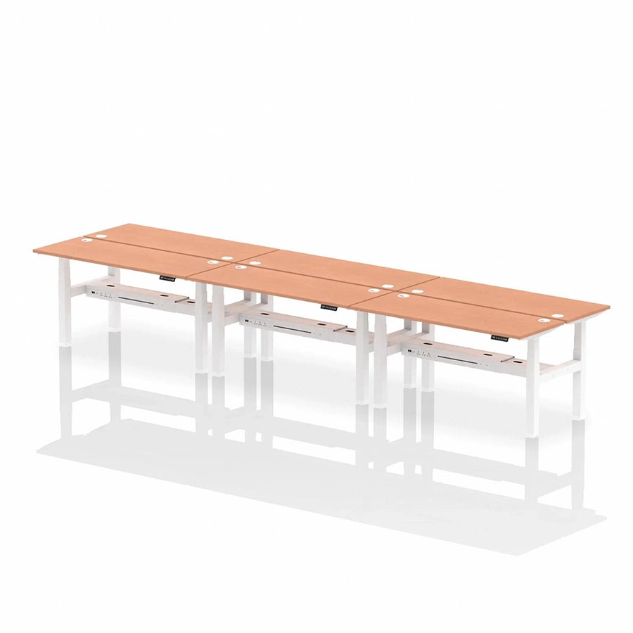 Air Back-to-Back Height Adjustable Bench Desk - 6 Person with cable ports W1600mm beech top with white frame