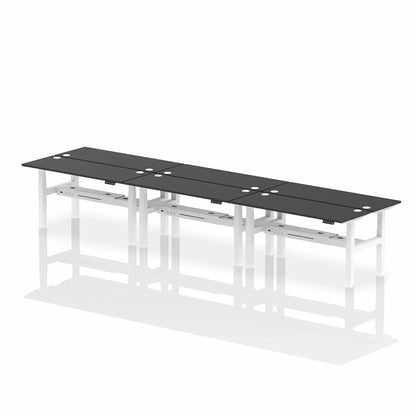 Air Back-to-Back Height Adjustable Bench Desk - 6 Person with cable ports W1600mm black top with white frame