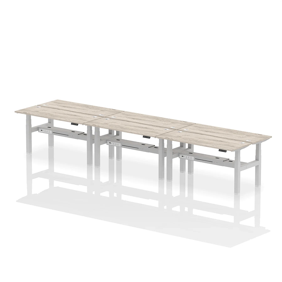 Air Back-to-Back Height Adjustable Bench Desk - 6 Person with cable ports W1600mm grey oak top with silver frame