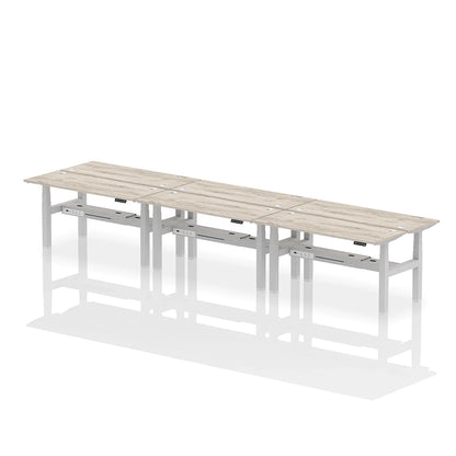 Air Back-to-Back Height Adjustable Bench Desk - 6 Person with cable ports W1600mm grey oak top with silver frame