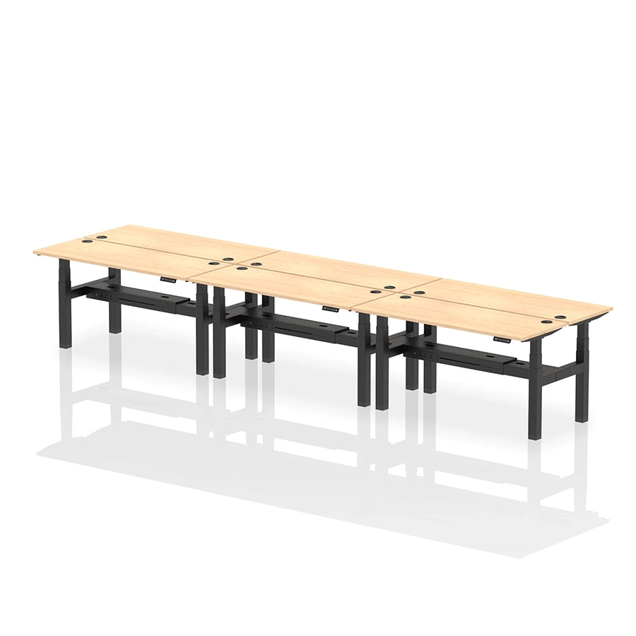 Air Back-to-Back Height Adjustable Bench Desk - 6 Person with cable ports W1600mm maple top with black frame