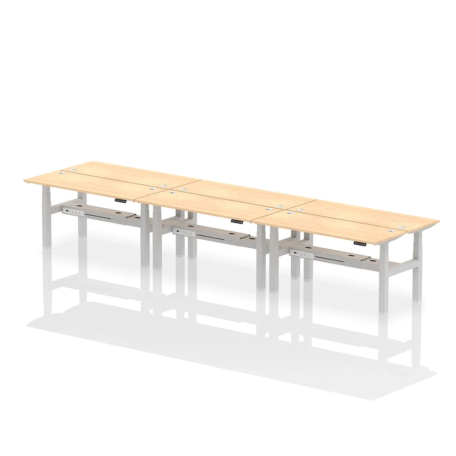 Air Back-to-Back Height Adjustable Bench Desk - 6 Person with cable ports W1600mm maple top with silver frame