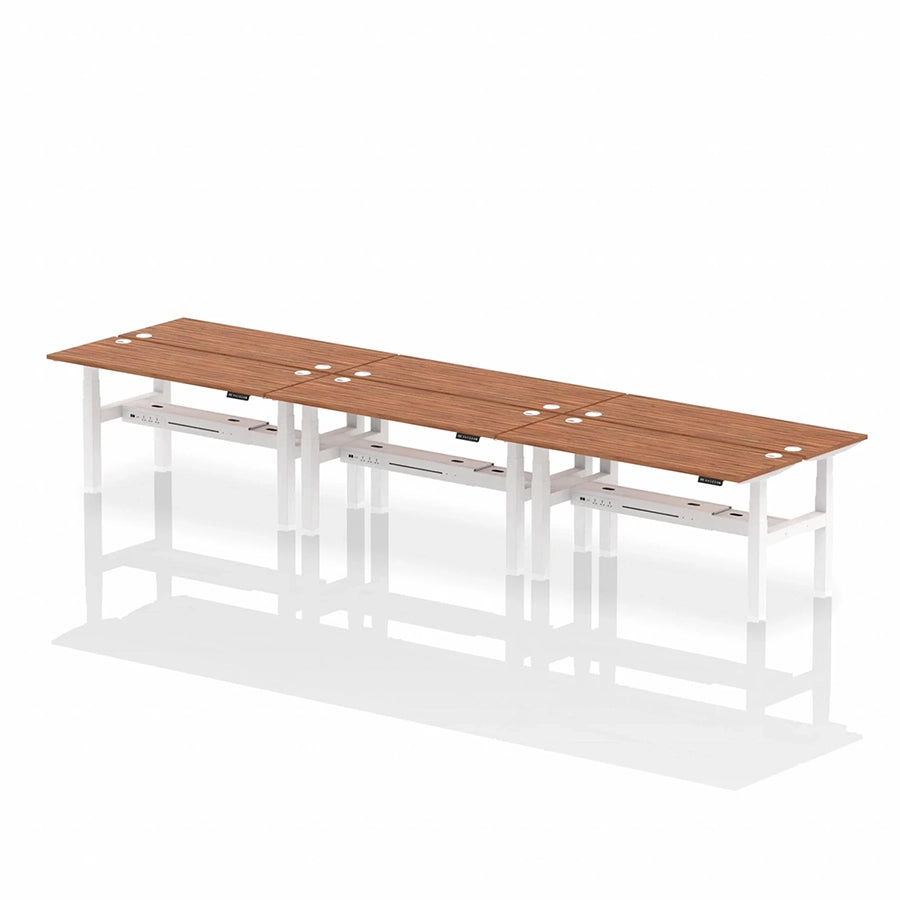 Air Back-to-Back Height Adjustable Bench Desk - 6 Person with cable ports W1600mm walnut top with white frame