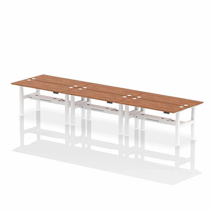 Air Back-to-Back Height Adjustable Bench Desk - 6 Person with cable ports W1600mm walnut top with white frame