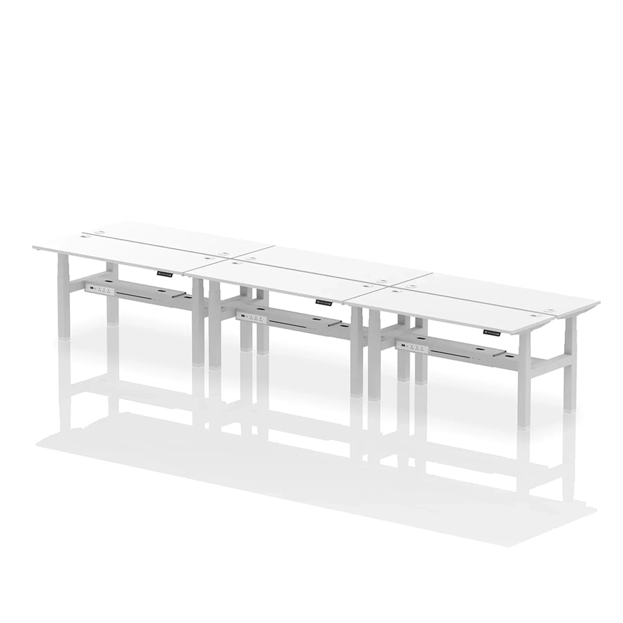 Air Back-to-Back Height Adjustable Bench Desk - 6 Person with cable ports W1600mm white top with silver frame