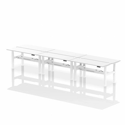 Air Back-to-Back Height Adjustable Bench Desk - 6 Person with cable ports W1600mm white top with white frame