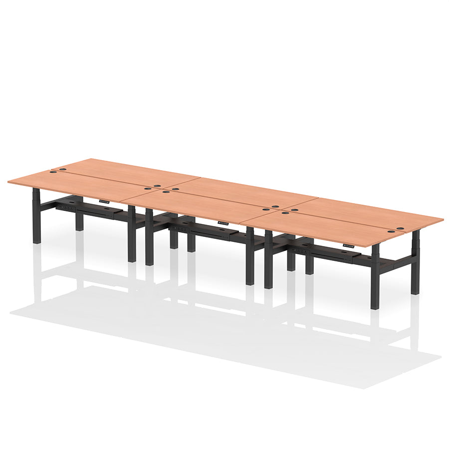 Air Back-to-Back Height Adjustable Bench Desk - 6 Person with cable ports W1800 beech top with black frame